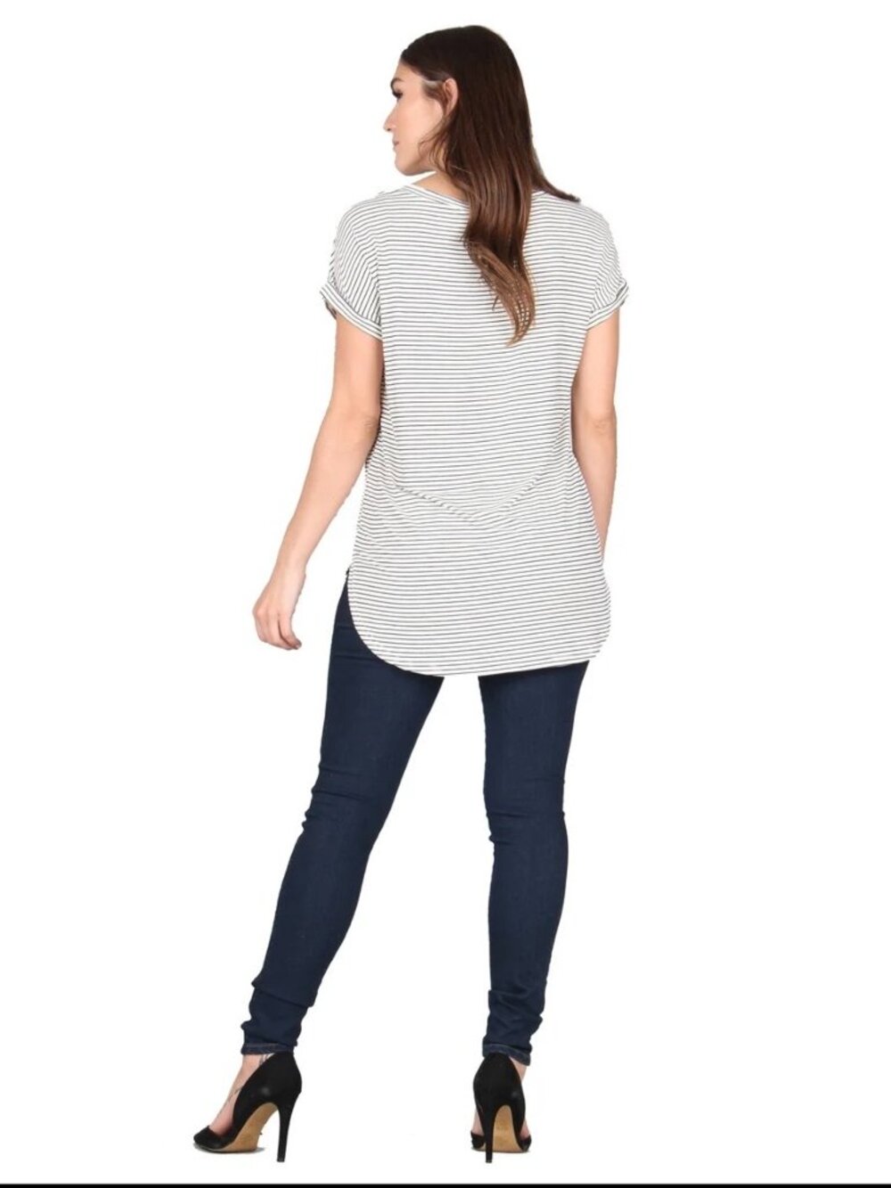 Black White Stripe High-Low Curved Hem Tunic S-M - Picture 3 of 9